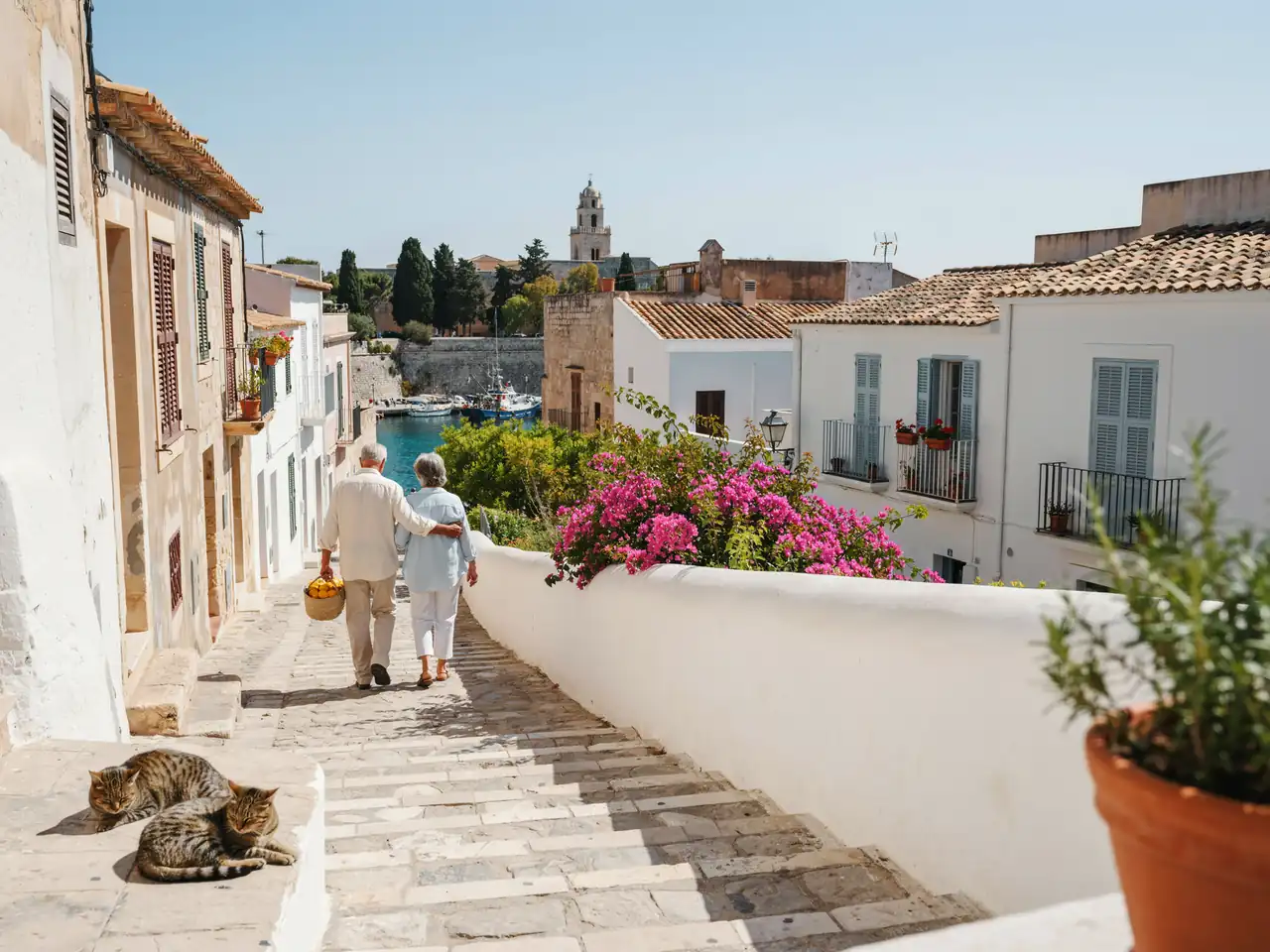 A walking path leading from Botafoc harbour towards the old walled town of Dalt Vila in Ibiza on a sunny day