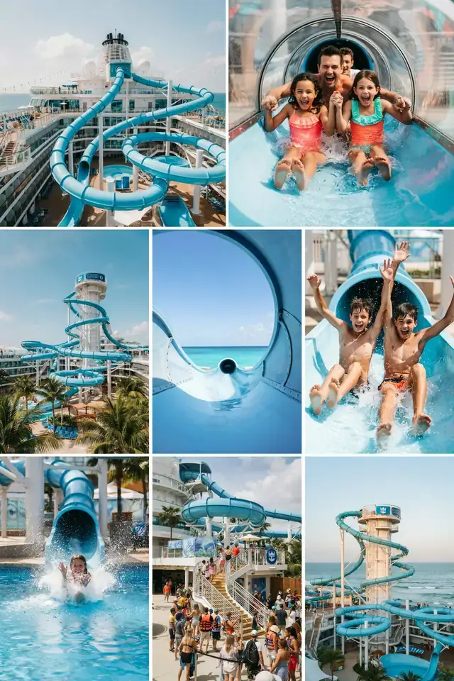 Collage of colourful water slides and tube slides against a sunny sky