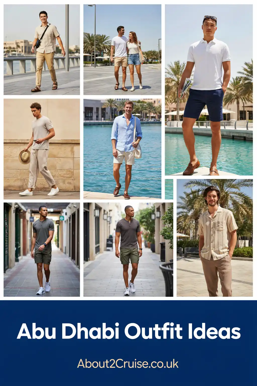 Grid of casual men's tourist walking outfits for Abu Dhabi, covering shoulders and knees for mosque visits