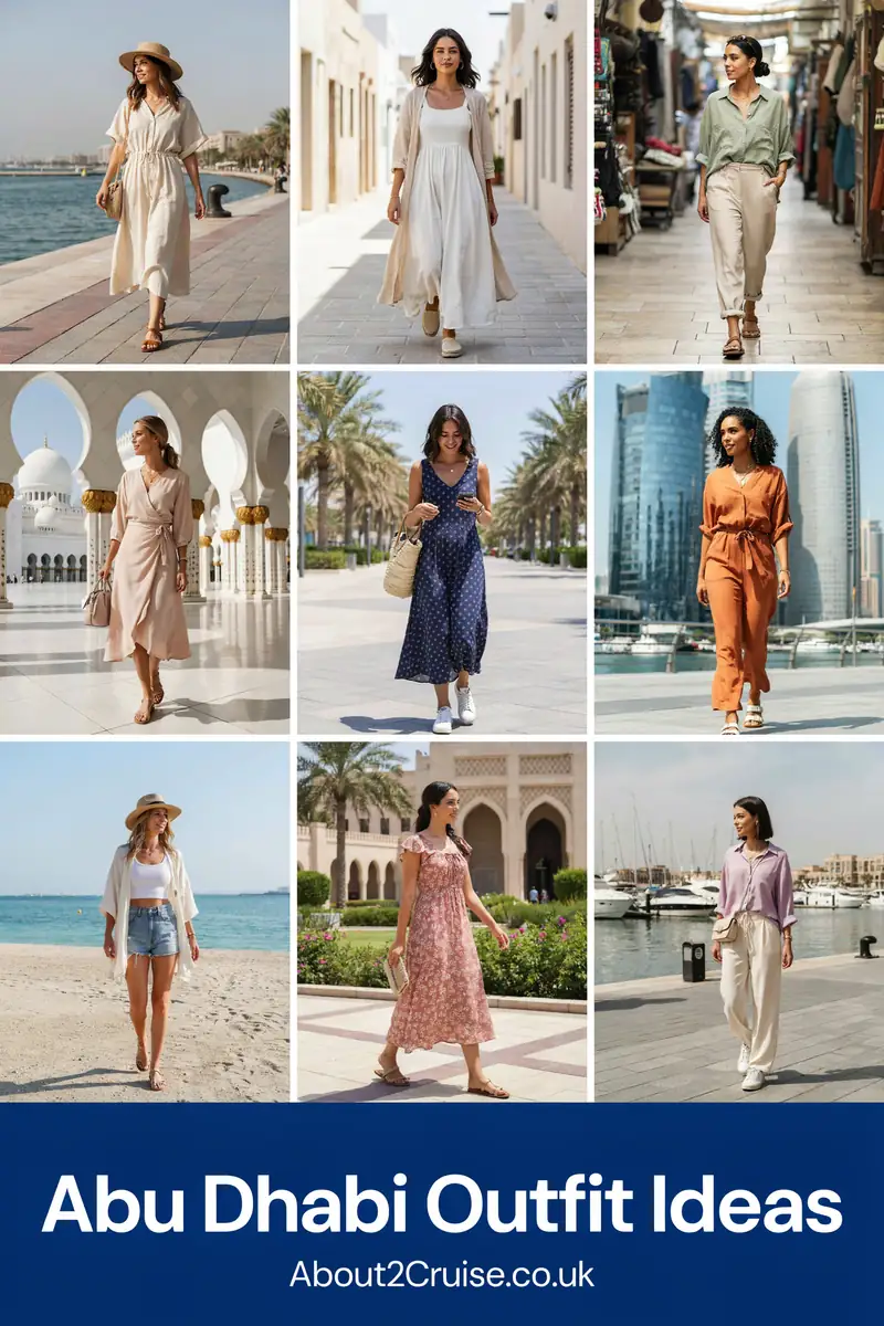 Abu Dhabi cruise port: mood board grid of casual modest tourist walking outfits for women, covering shoulders and knees
