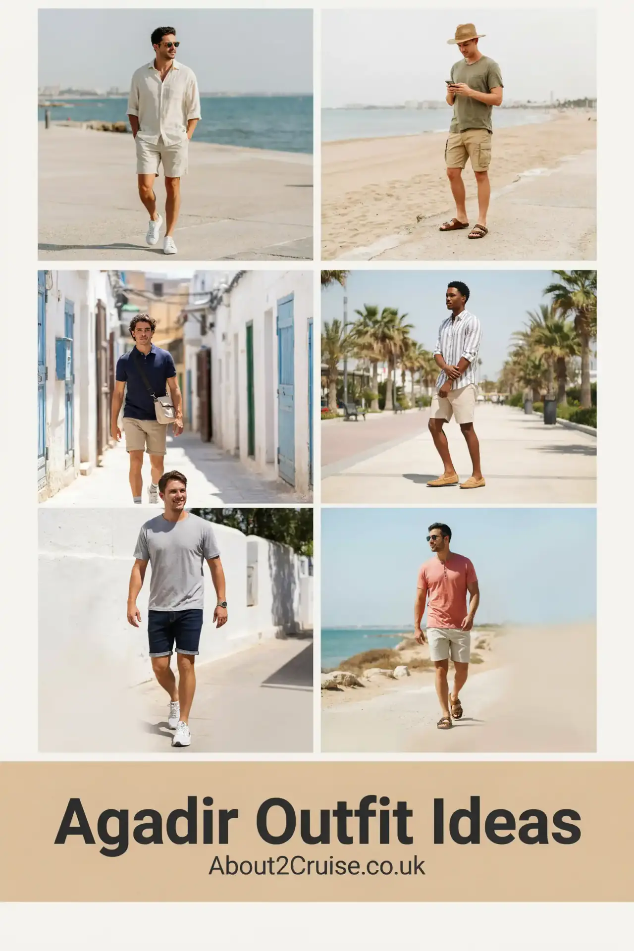 Grid of casual men's tourist walking outfits for a sunny day in Agadir