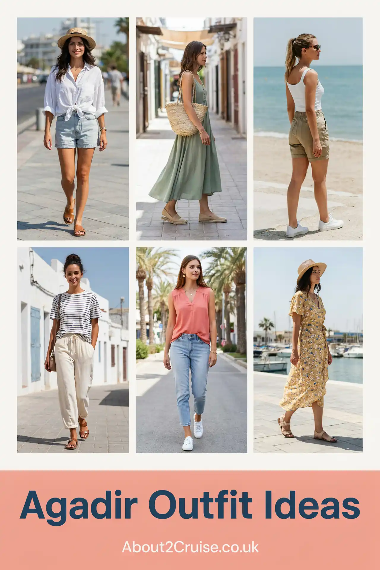 Mood board grid of casual women's walking outfits for a port day in Agadir