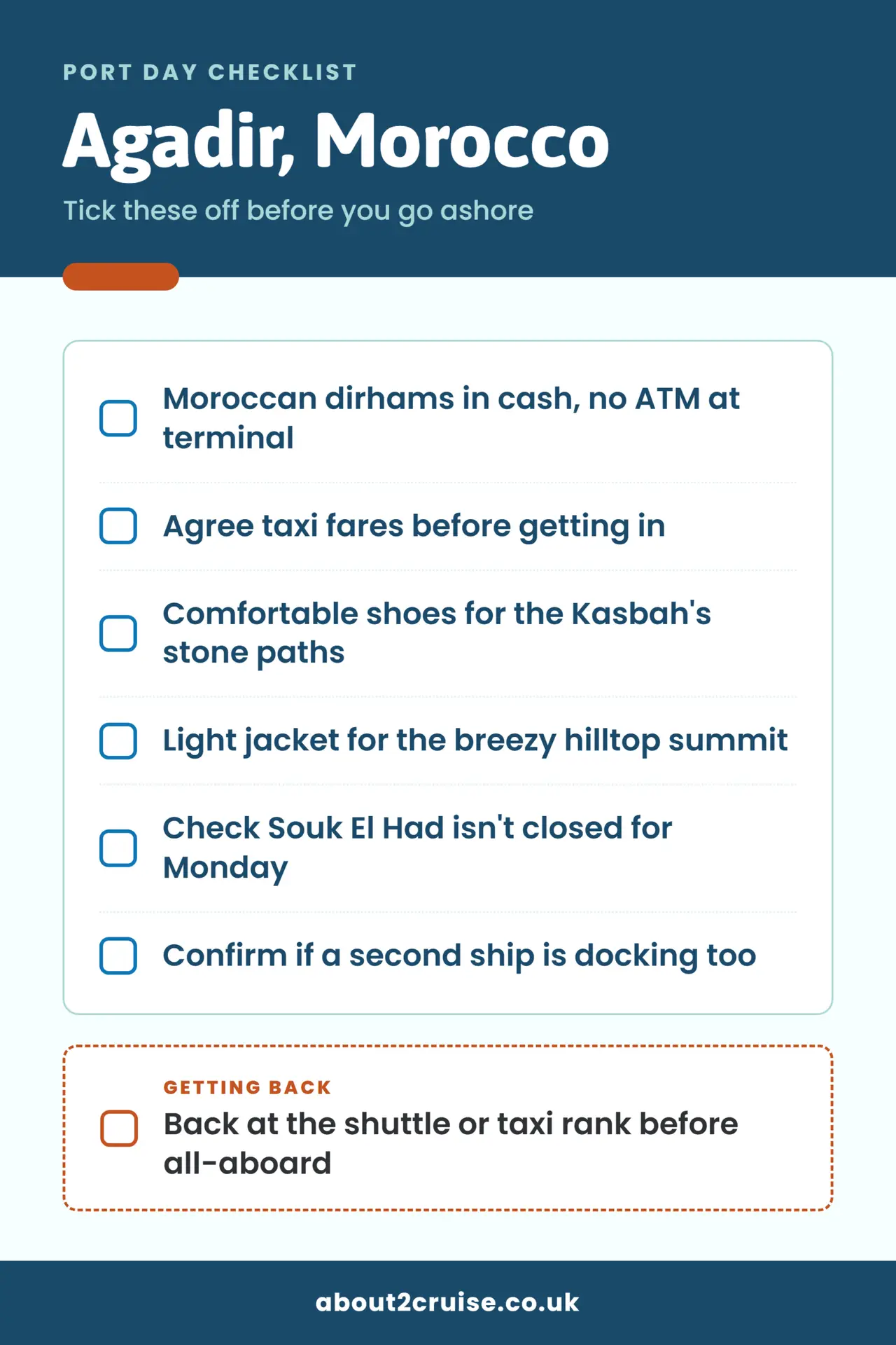 Agadir cruise port day checklist: what to bring and check before going ashore