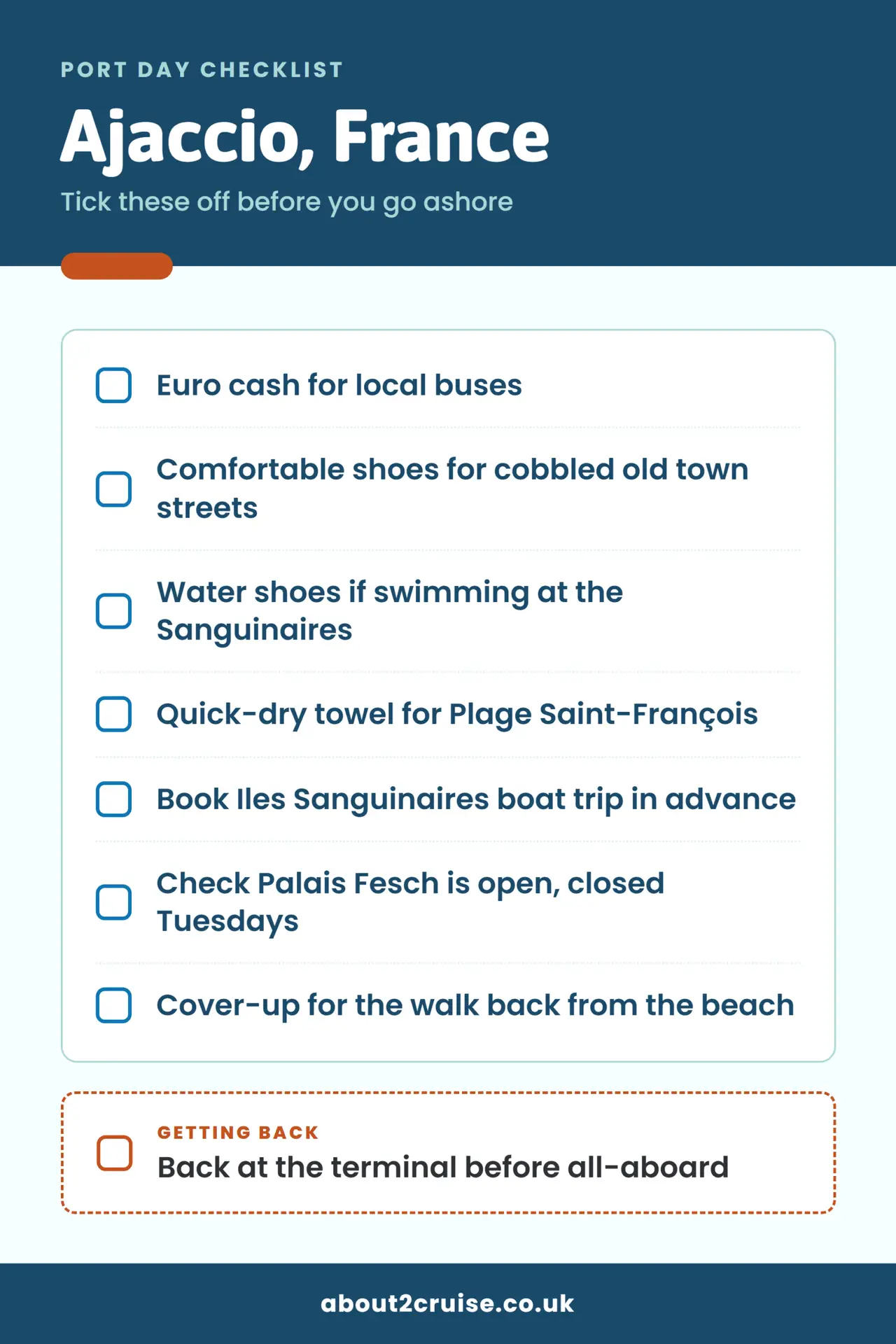 Ajaccio cruise port day checklist: what to bring and check before going ashore