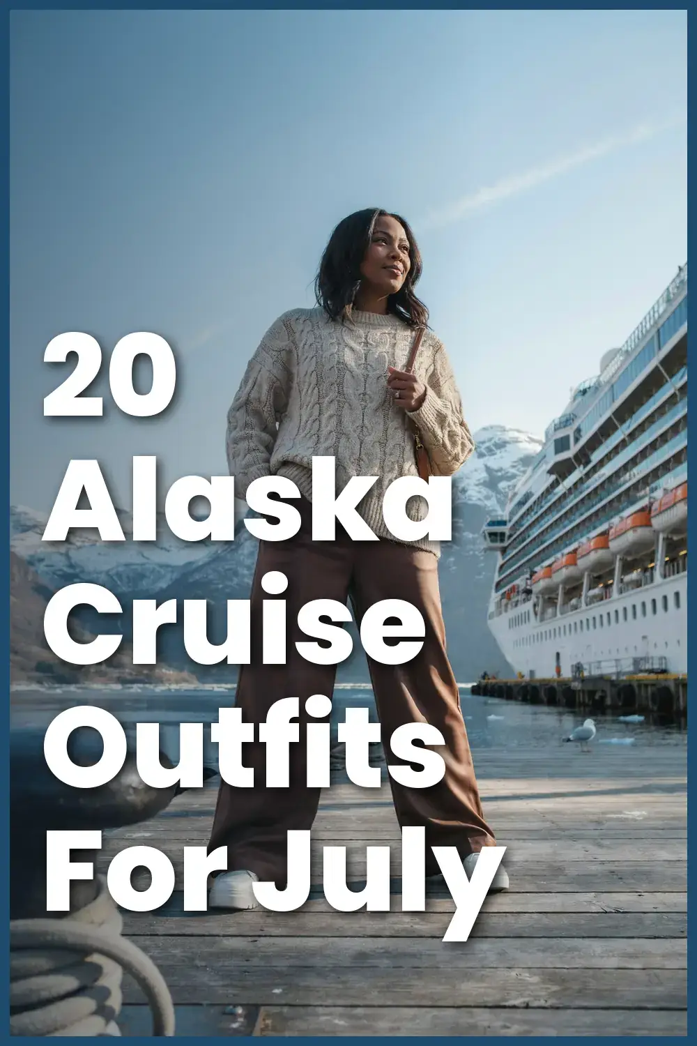 20 Alaska Cruise Outfits For July: Black woman in a cream cable knit jumper and chocolate wide-leg trousers boarding an Alaska cruise ship