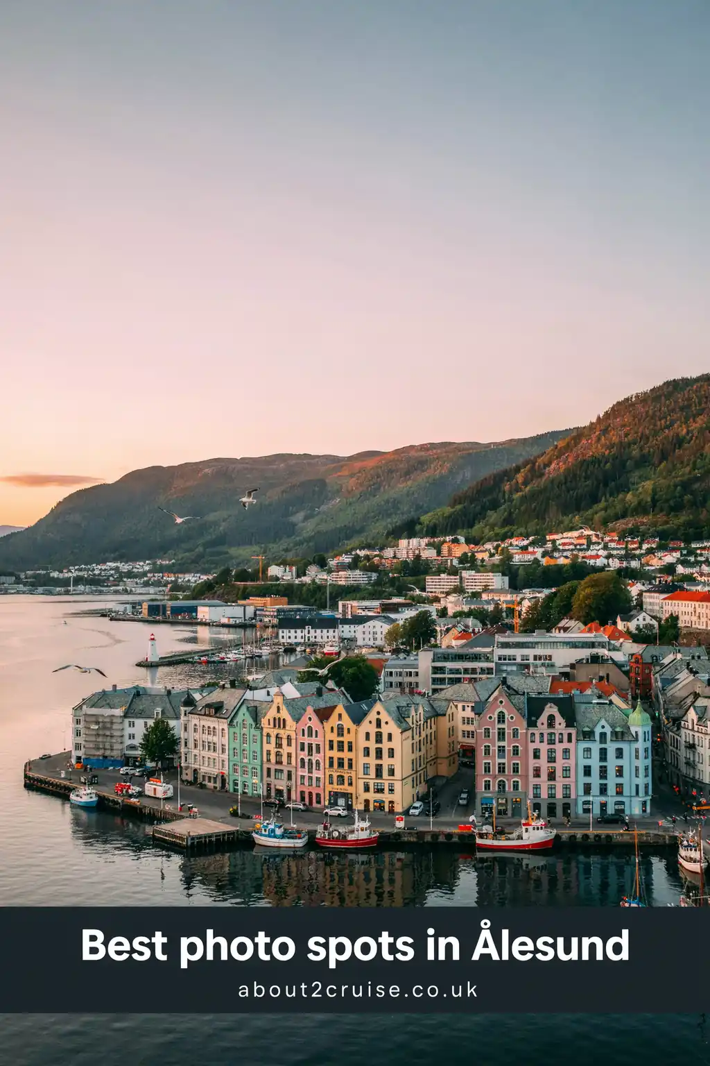 Ålesund cruise port: sunset view over the town and Brosundet canal, a top photo spot