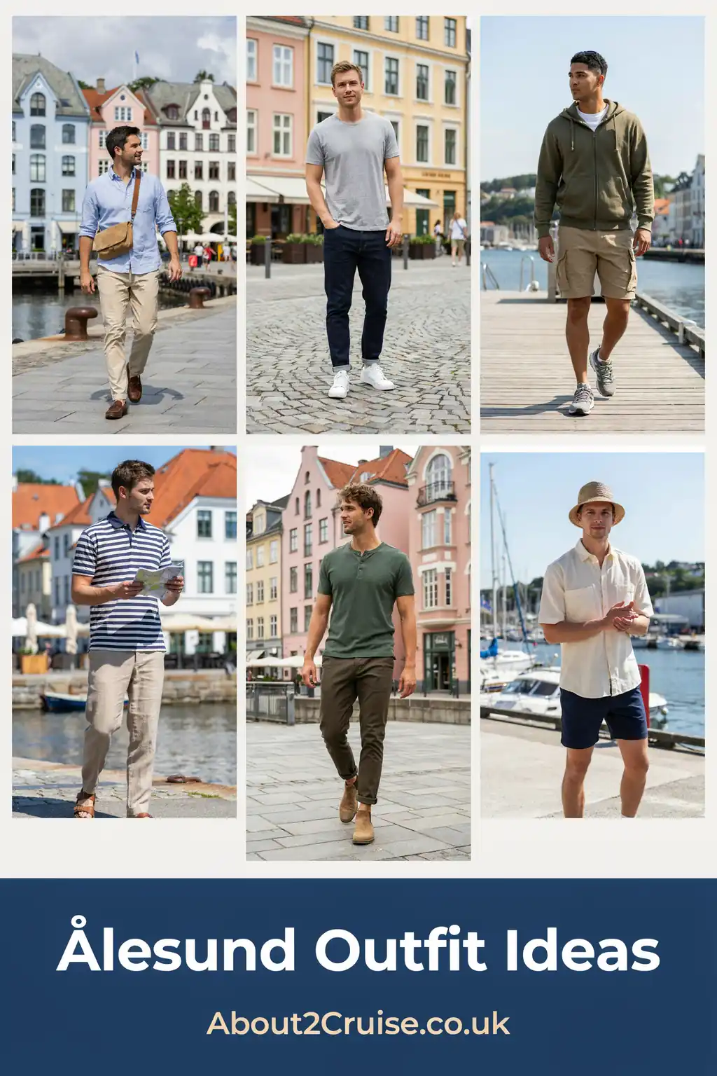 Mood board of casual men's tourist walking outfits for Ålesund