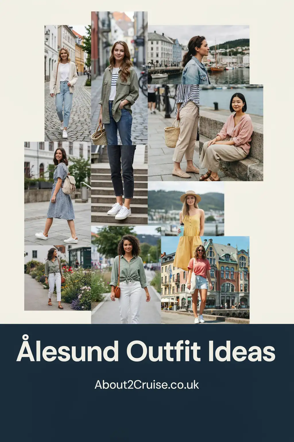 Mood board grid of casual women's tourist walking outfits for Ålesund