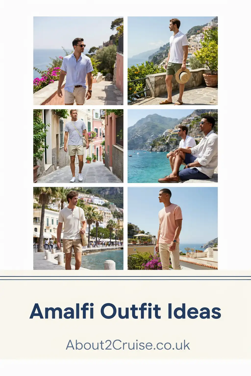 Amalfi cruise port: mood board of casual men's tourist walking outfits for exploring the town