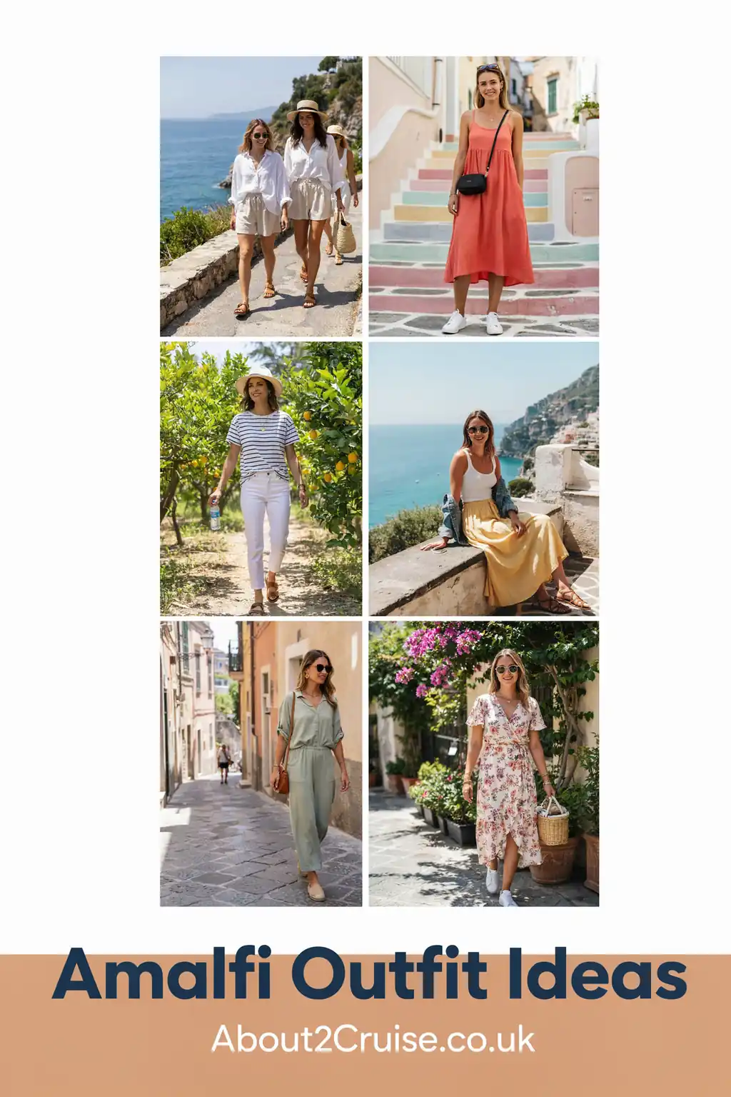 Amalfi outfit ideas for women: grid of casual tourist walking outfits suited to steps and church visits