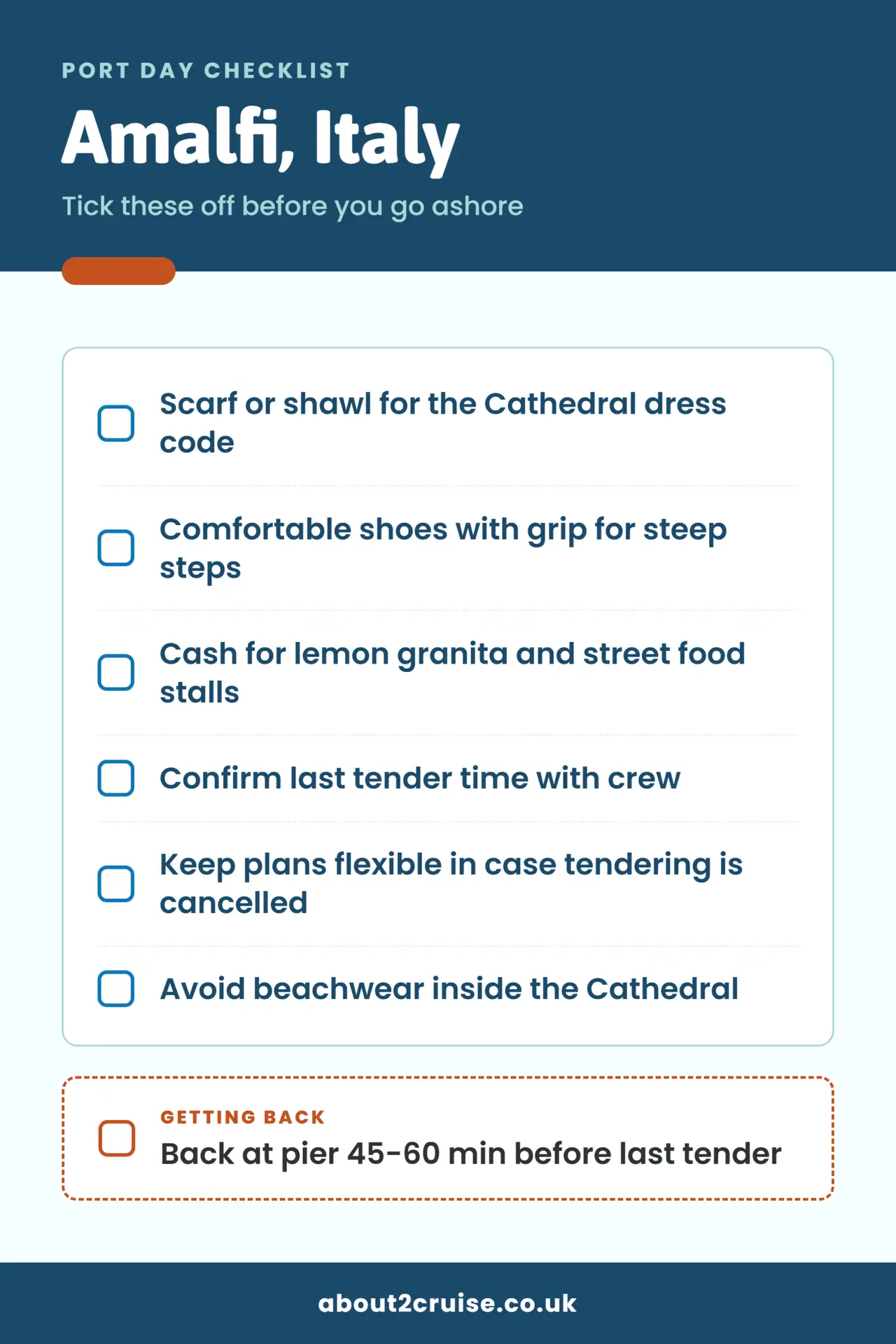 Amalfi cruise port day checklist: what to bring and check before going ashore
