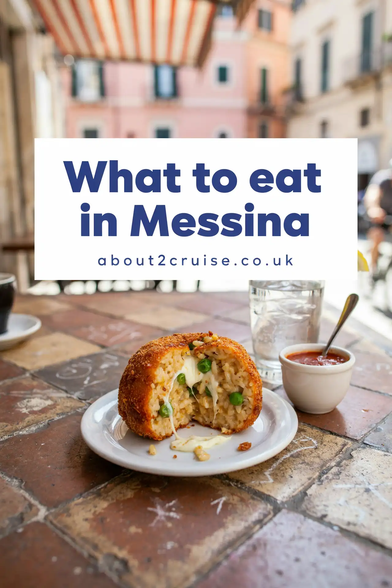 Messina cruise port: close-up of a pointed arancino rice ball on a sunny cafe table