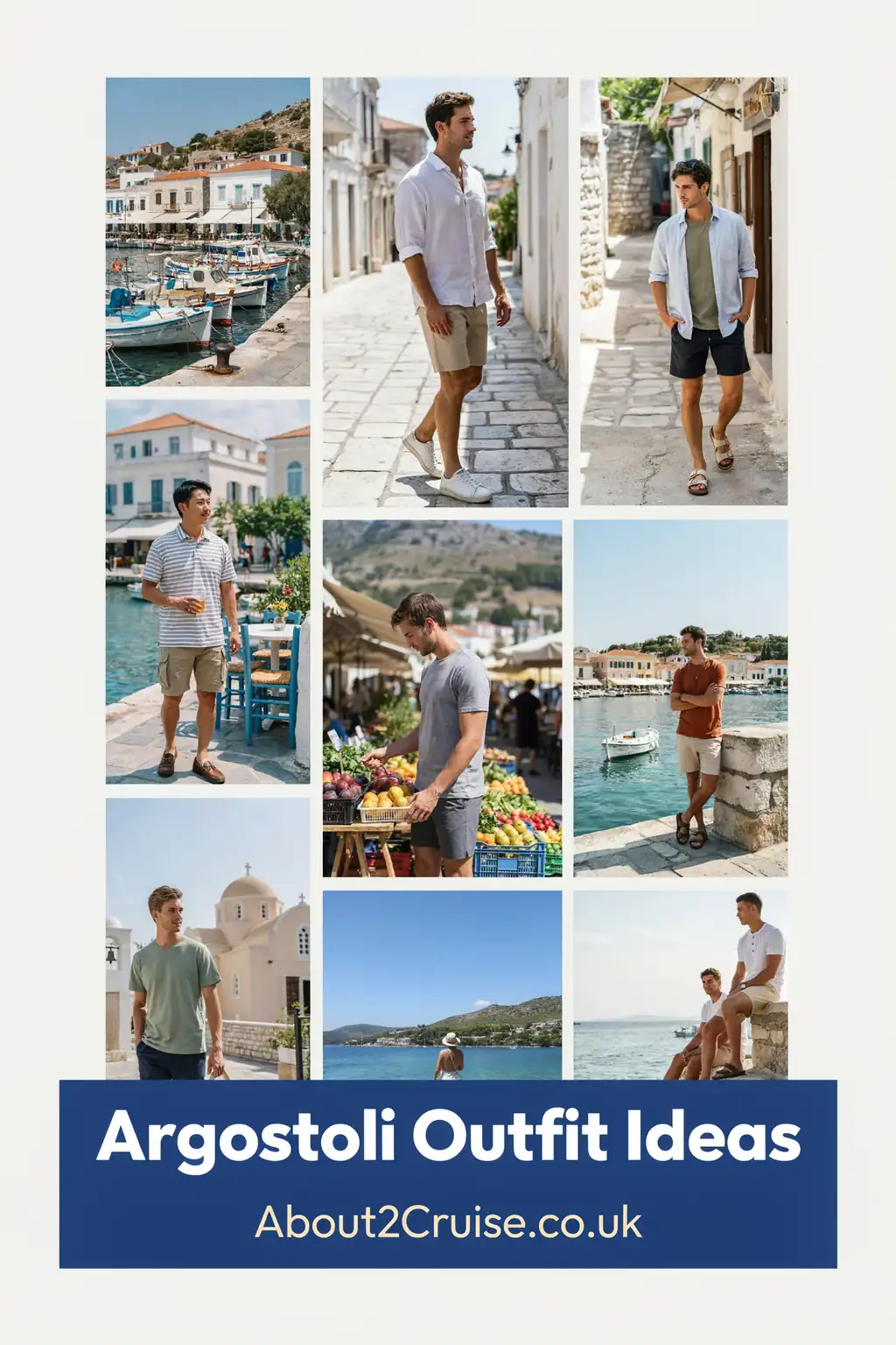 Argostoli cruise port: mood board of casual men's walking outfits for a day ashore