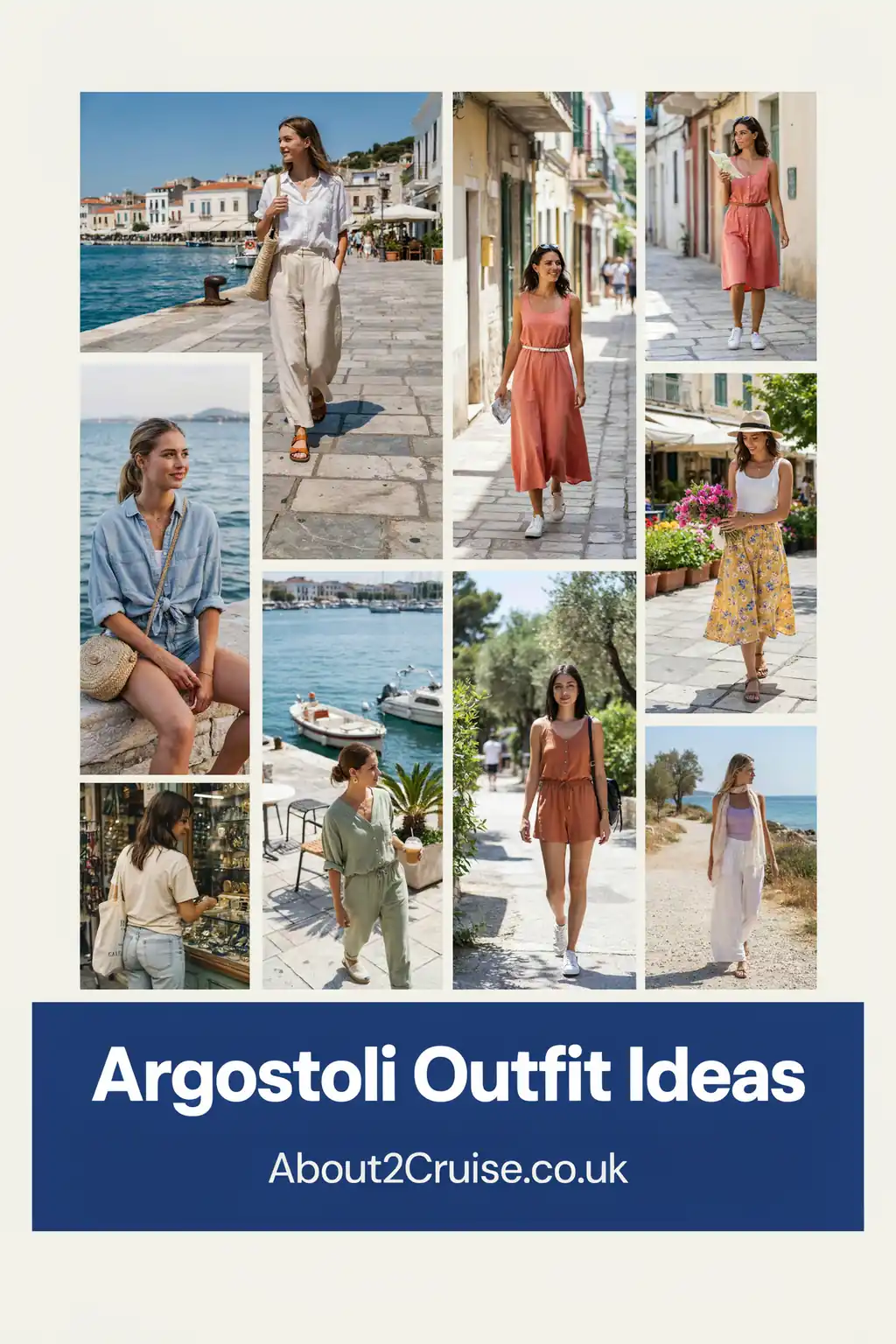 Mood board grid of casual women's tourist walking outfits for Argostoli, Kefalonia