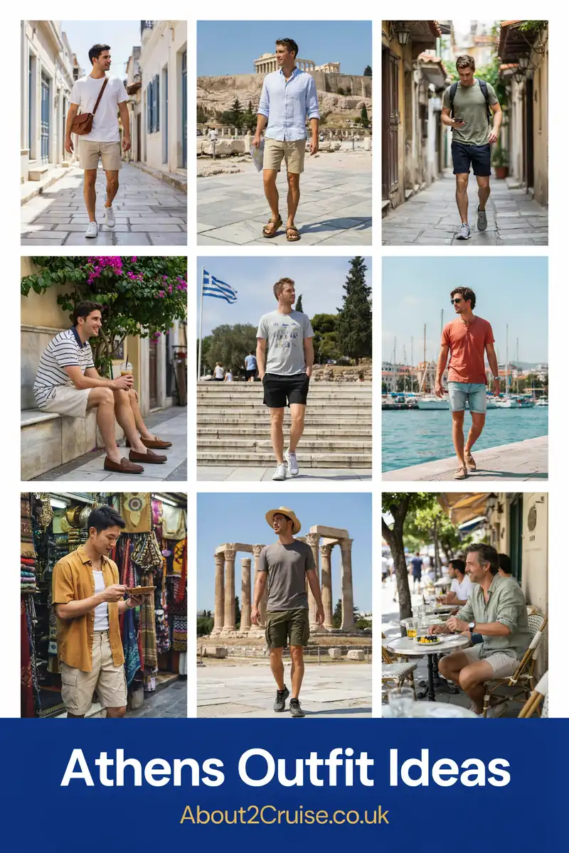 Athens outfit ideas: grid of casual men's tourist walking outfits for a sunny day