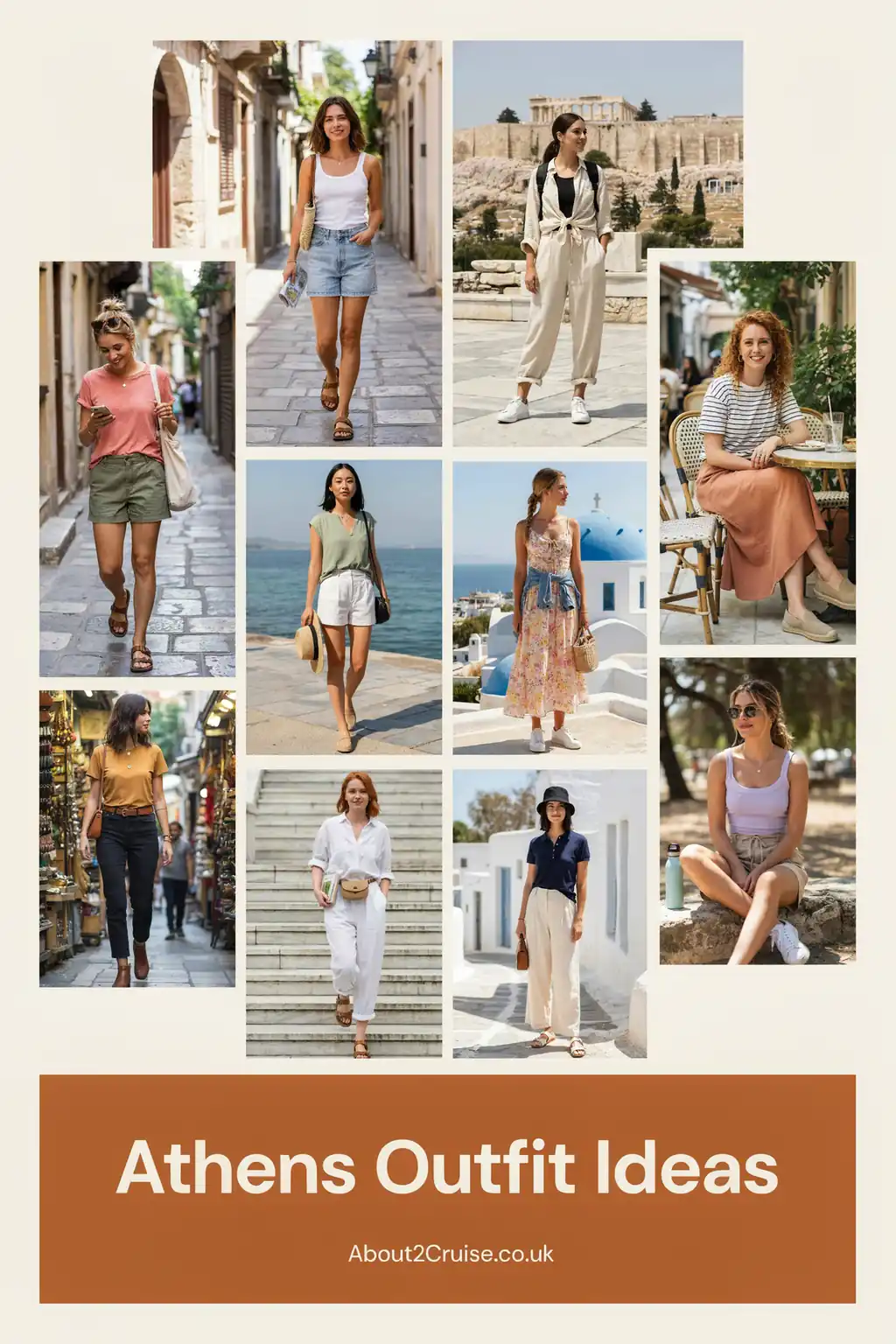 Athens outfit ideas: grid of casual tourist walking outfits for women