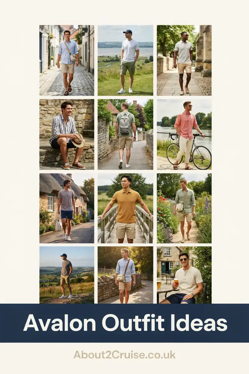 Grid of casual men's walking outfits for a sunny day in Avalon, Catalina Island