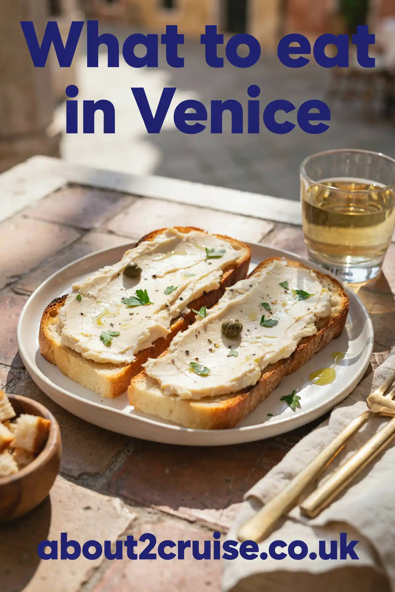 Venice cruise port: baccalà mantecato, creamed salt cod on crostino, served at a sunny cafe table