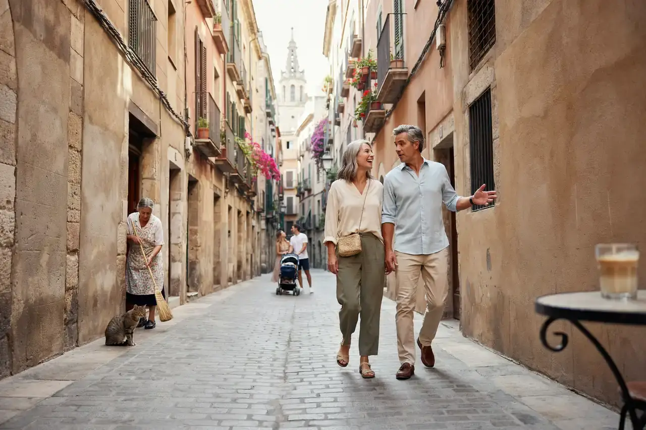 Couple exploring a sunny street in Barcelona's Gothic Quarter on a cruise port day