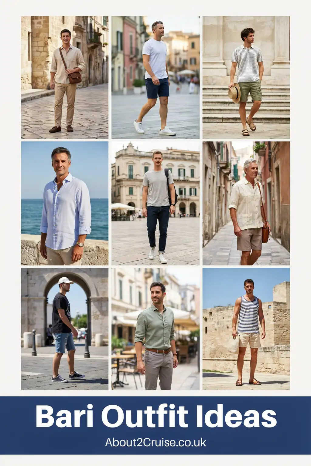 Mood board grid of casual men's tourist walking outfits for Bari