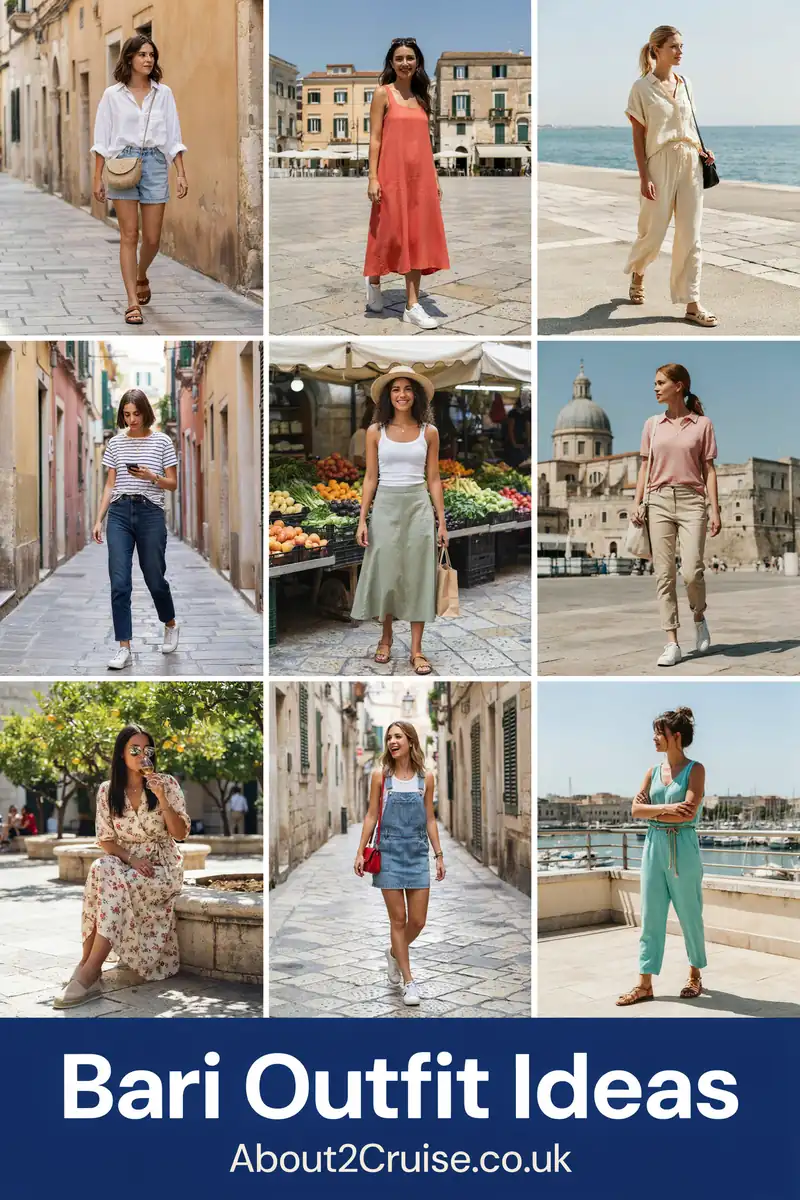 Mood board grid of casual women's walking outfits for a Bari cruise port day