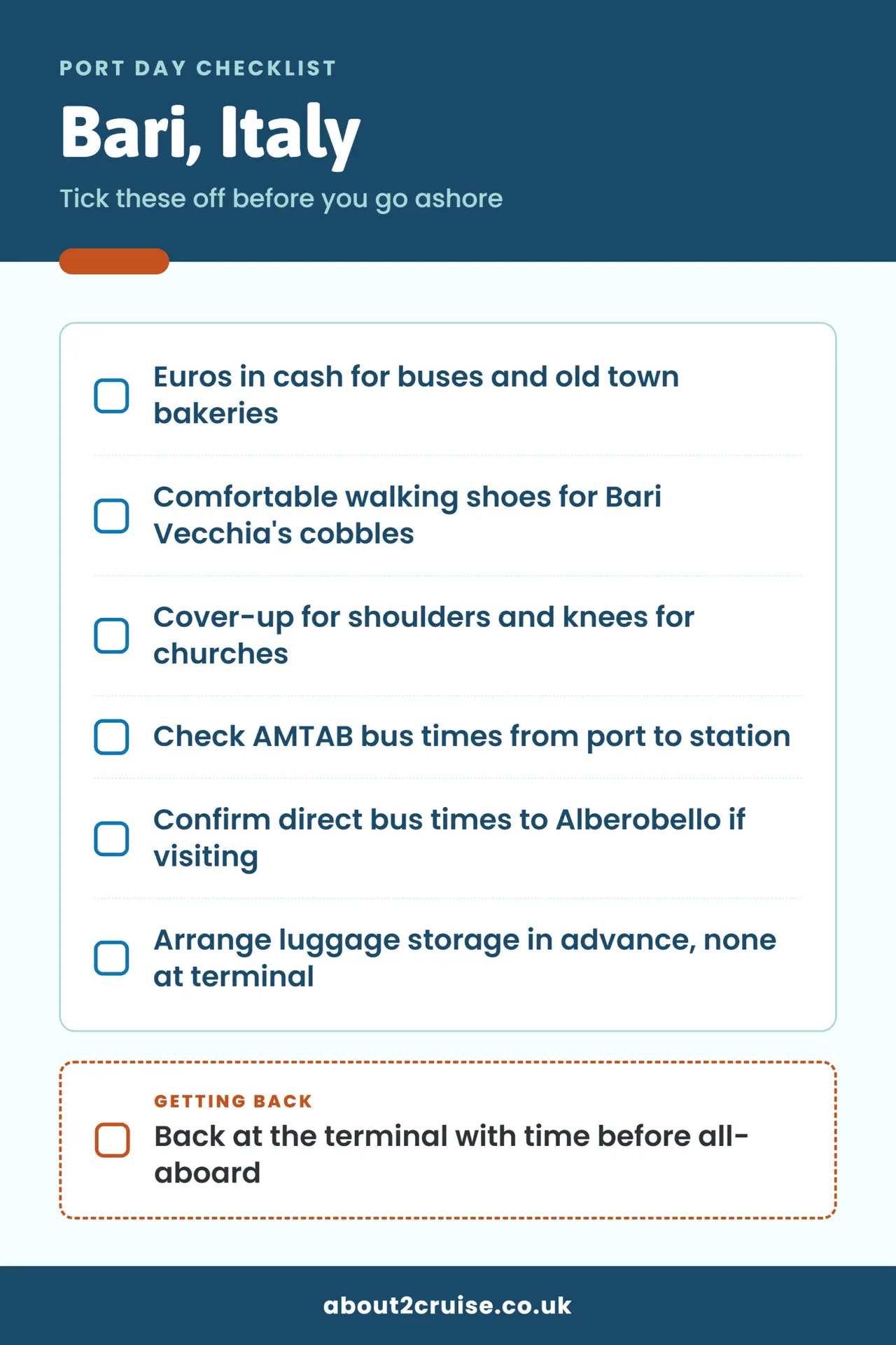 Bari cruise port day checklist: what to bring and check before going ashore