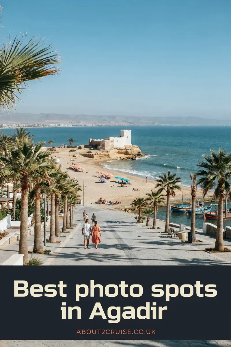 Agadir cruise port: sweeping view over the beach, marina and city from the Oufella summit on a sunny day
