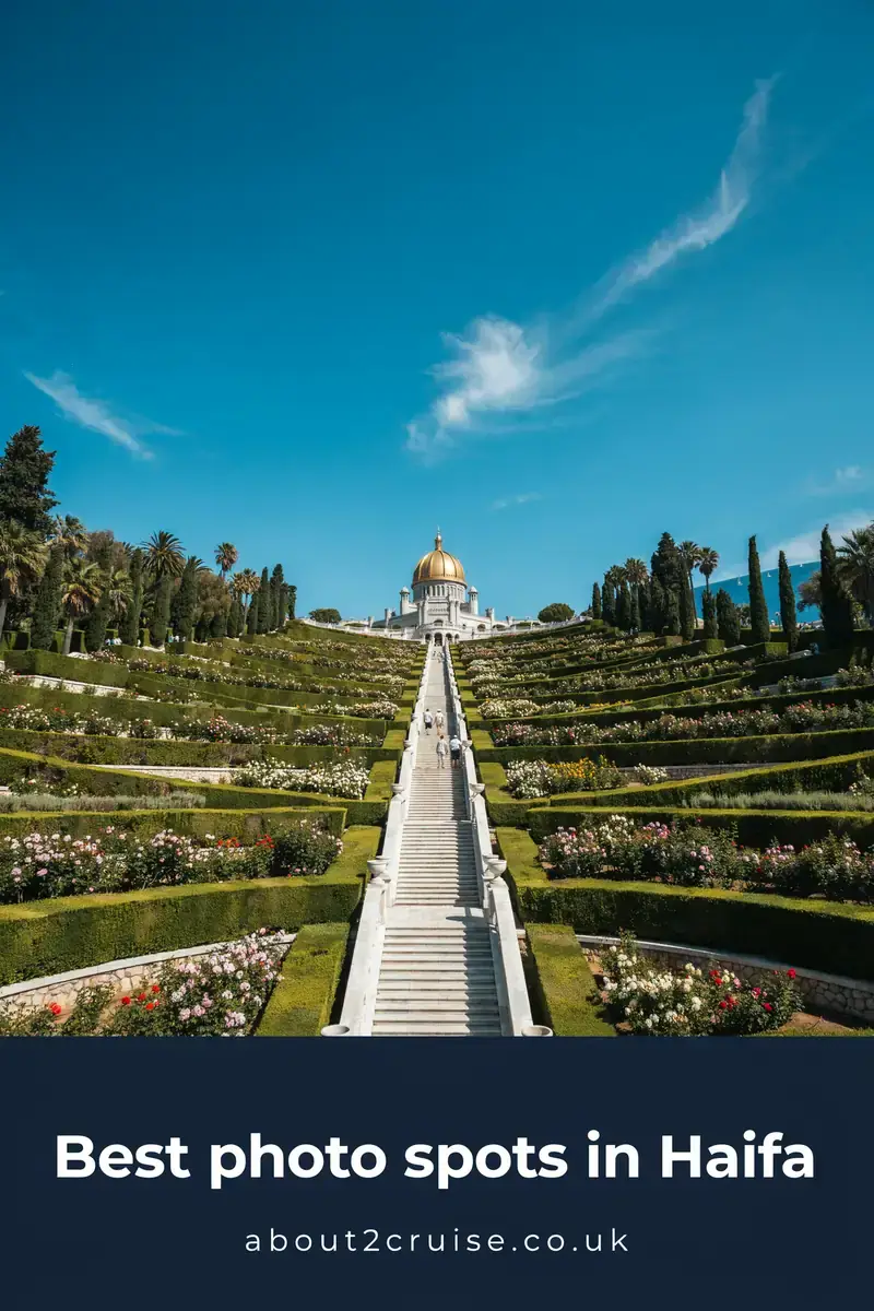 Haifa cruise port: popular photo spot overlooking the Bahai Gardens terraces on a sunny day