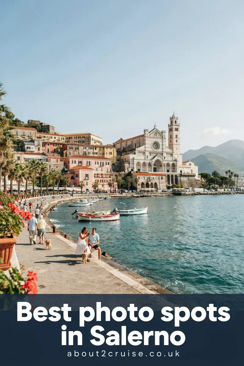 Salerno cruise port: hilltop view over the city and bay towards the Amalfi peninsula on a sunny day