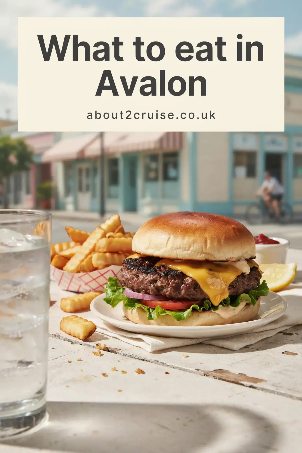 Avalon cruise port: close up of a bison burger at a sunny cafe table