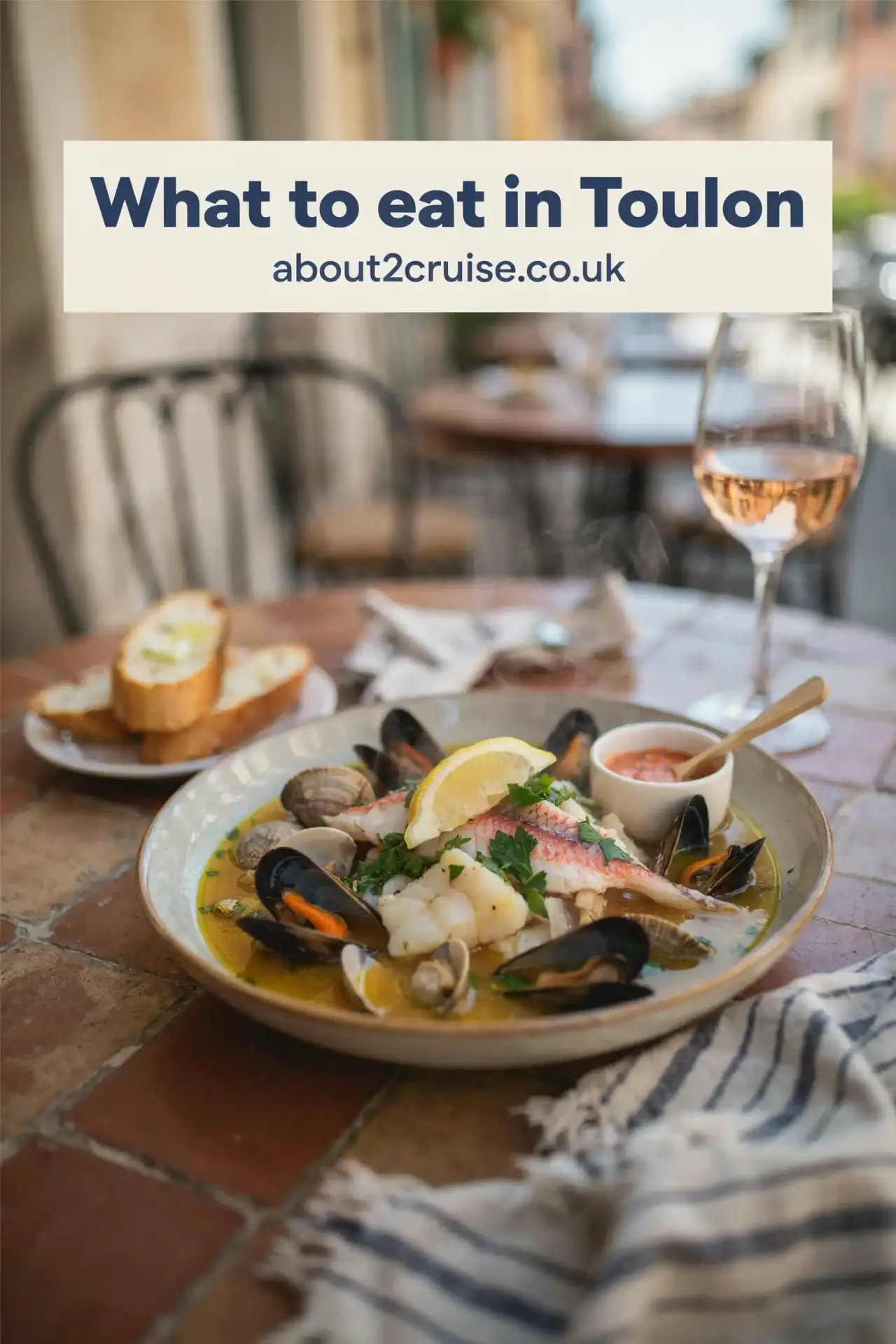 Bouillabaisse fish stew served at a sunny cafe table in Toulon