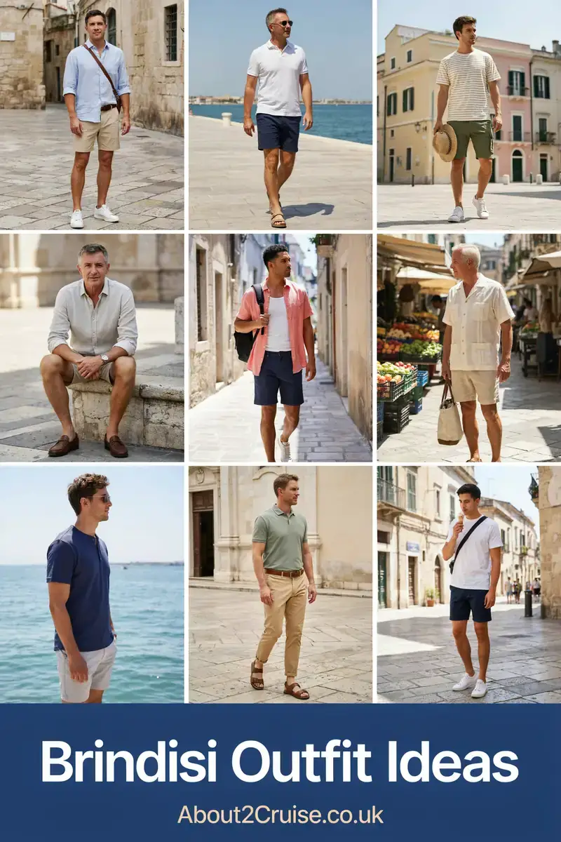 Brindisi outfit ideas: grid of casual men's tourist walking outfits for a sunny day