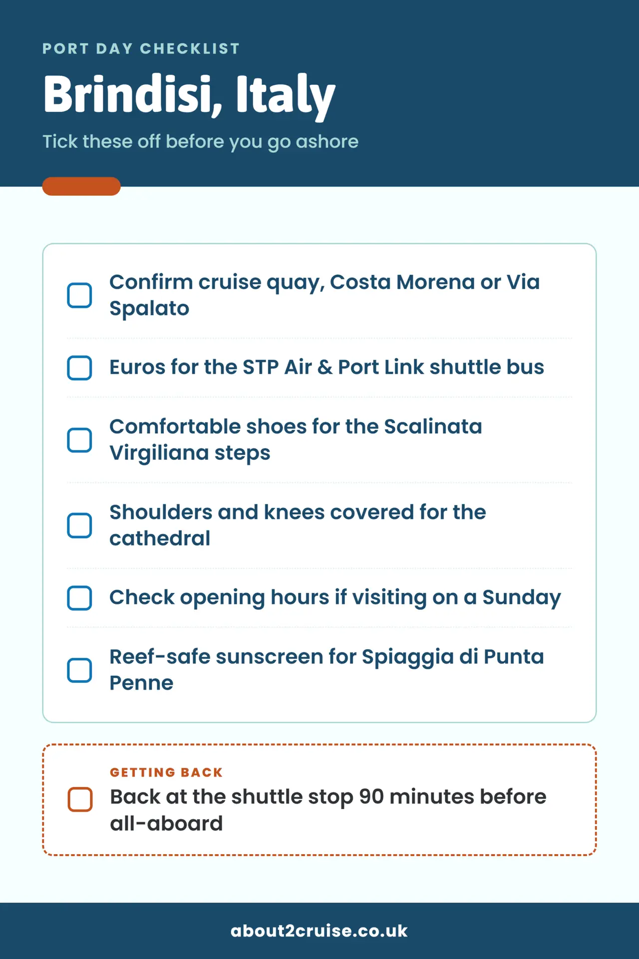 Brindisi cruise port day checklist: what to bring and check before going ashore