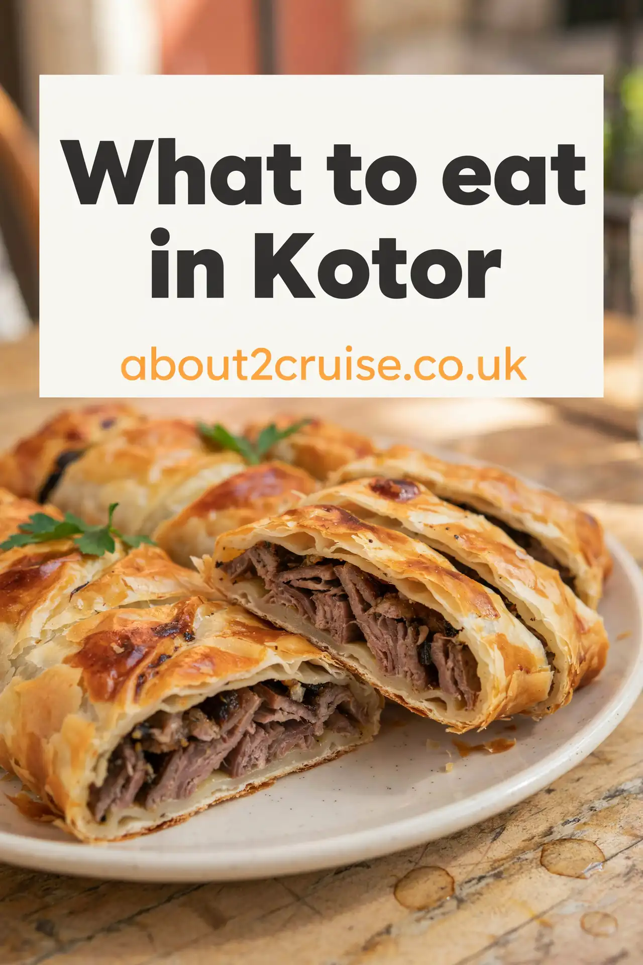 Kotor cruise port: close-up of burek pastry served at a sunny cafe table