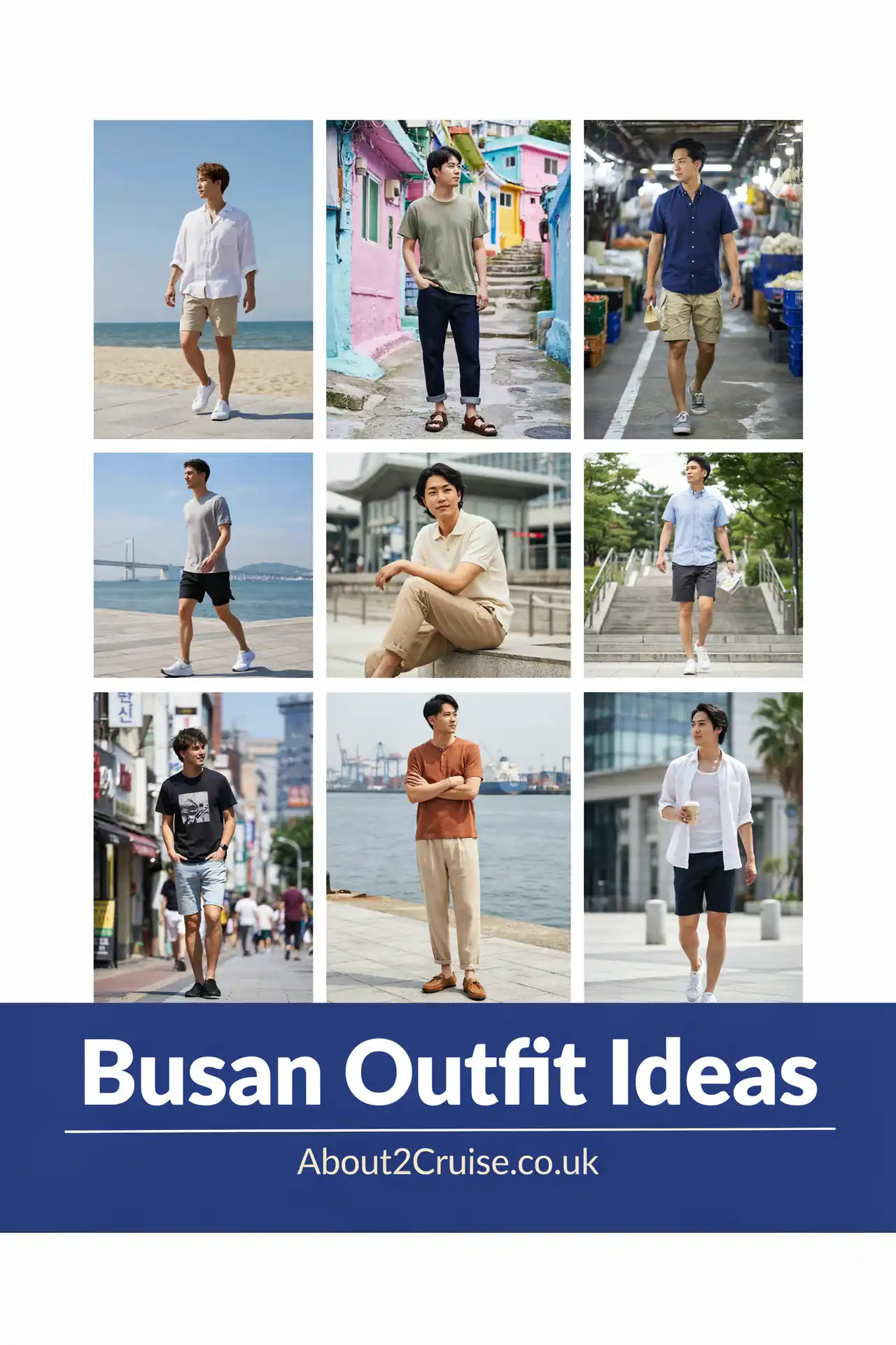 Grid of casual men's tourist walking outfits for a sunny day in Busan