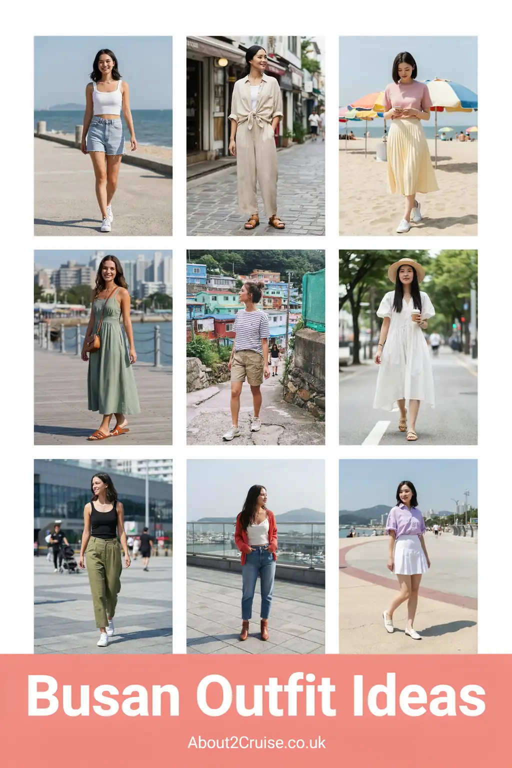 Busan cruise port: mood board of casual tourist walking outfit ideas for women