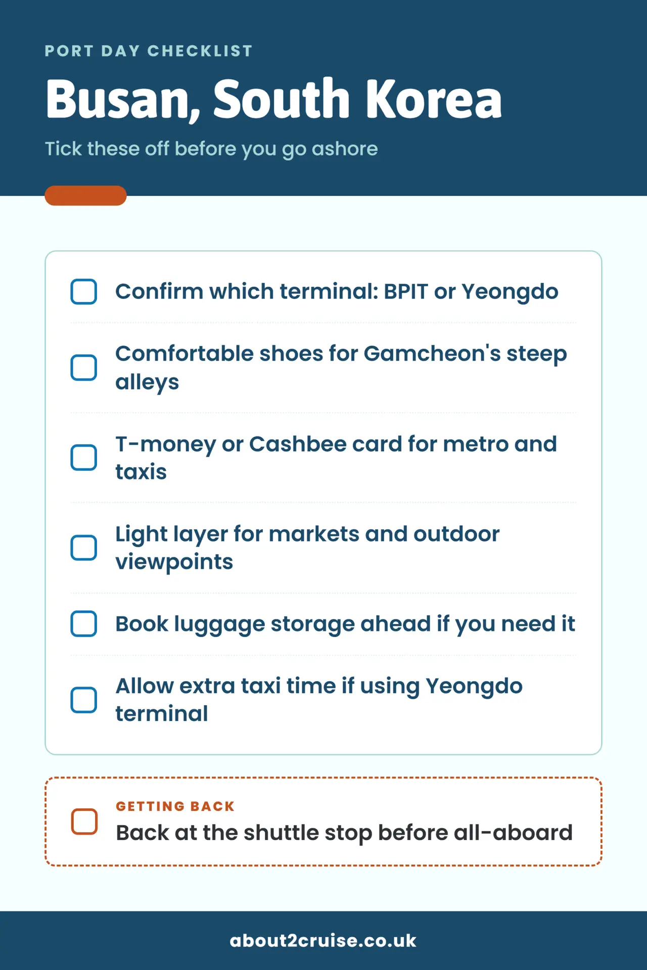 Busan cruise port day checklist: what to bring and check before going ashore