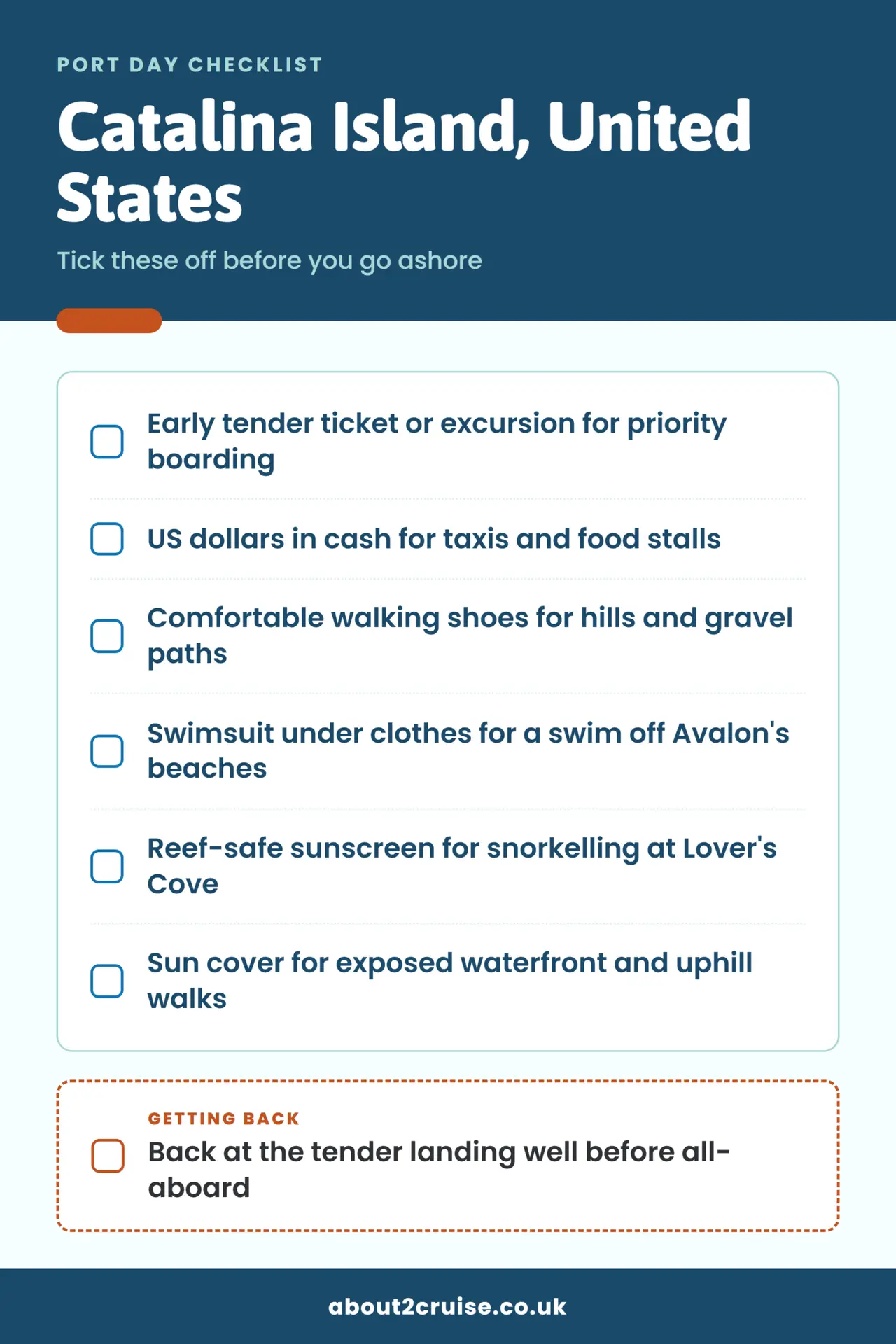 Catalina Island cruise port day checklist: what to bring and check before going ashore