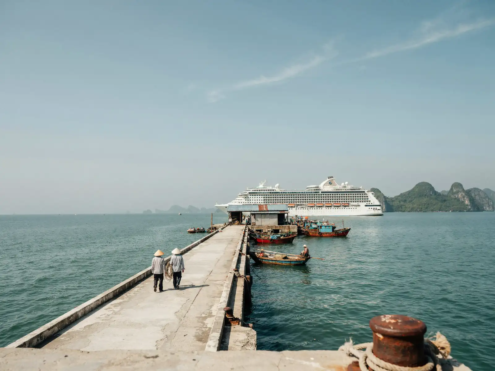 Chan May cruise port terminal with harbour and hills behind it