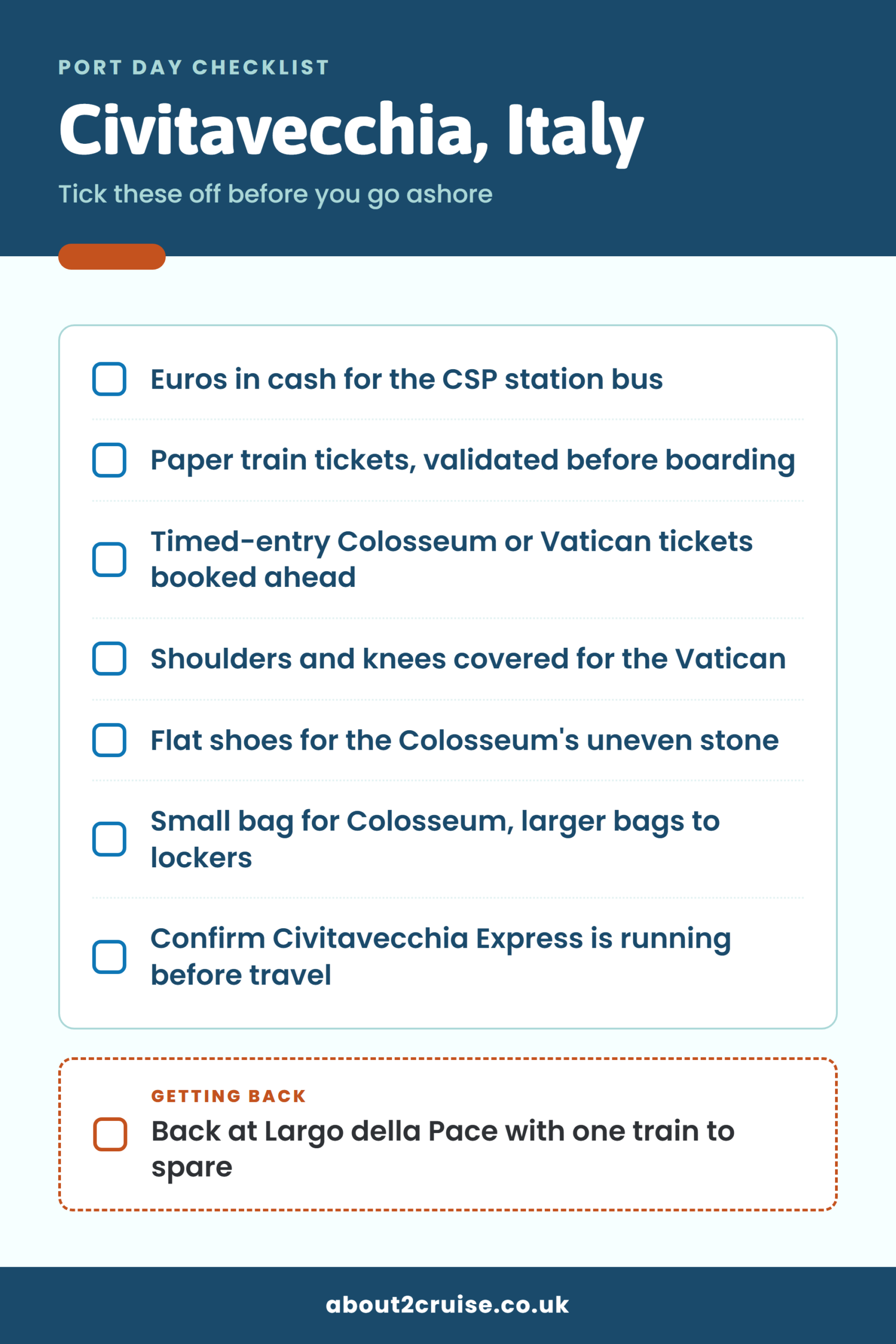 Civitavecchia cruise port day checklist: what to bring and check before going ashore