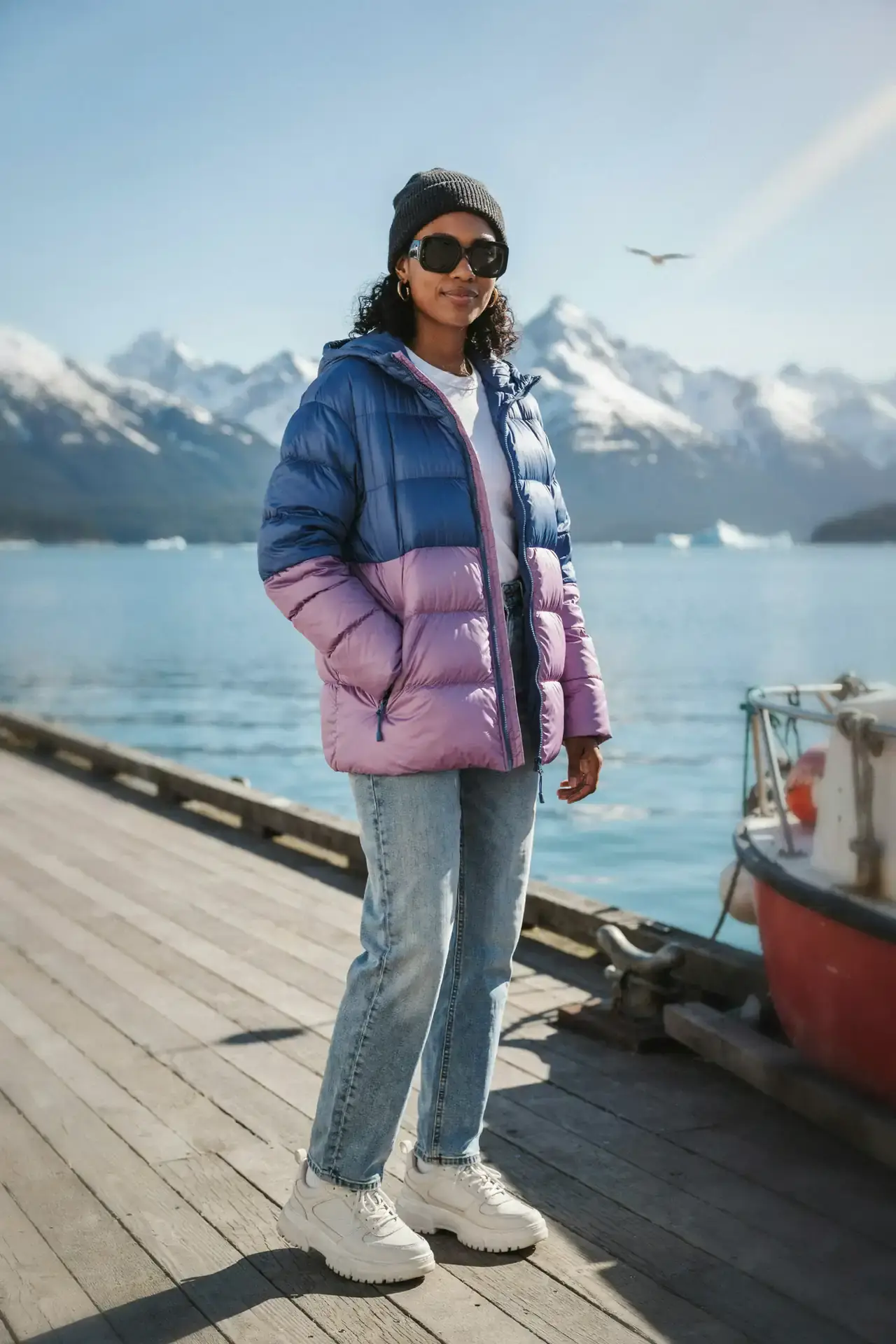 Woman in a glossy colour-block puffer jacket and straight jeans on a sunny Alaska port street