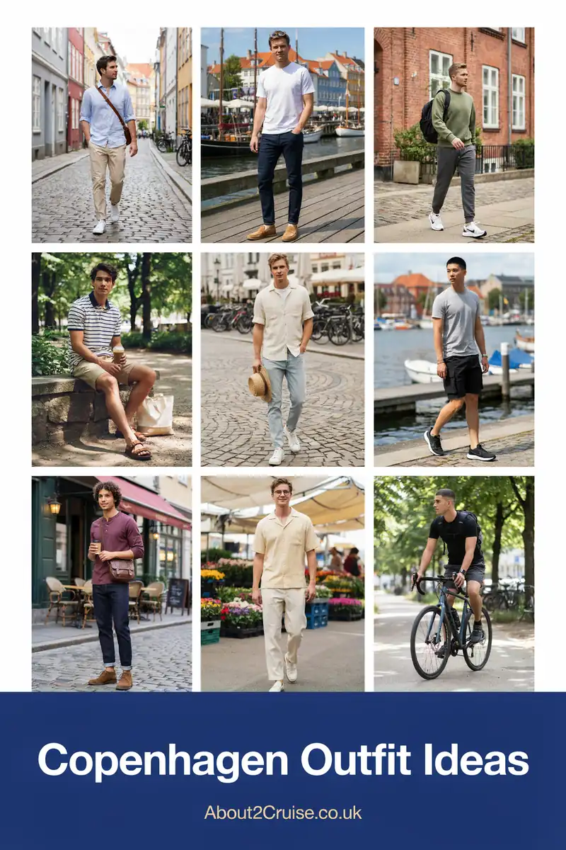 Grid of casual men's tourist walking outfits for Copenhagen on a sunny day
