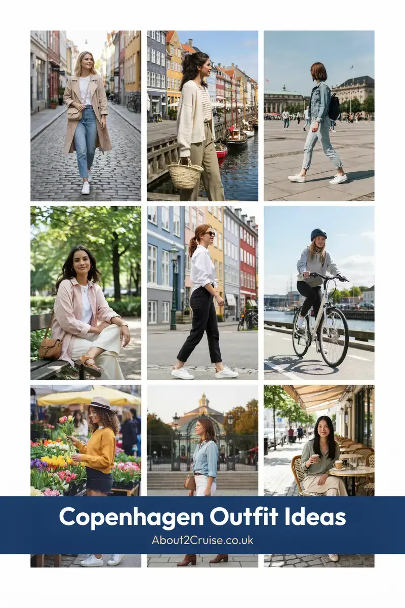Mood board grid of casual women's tourist walking outfits for Copenhagen