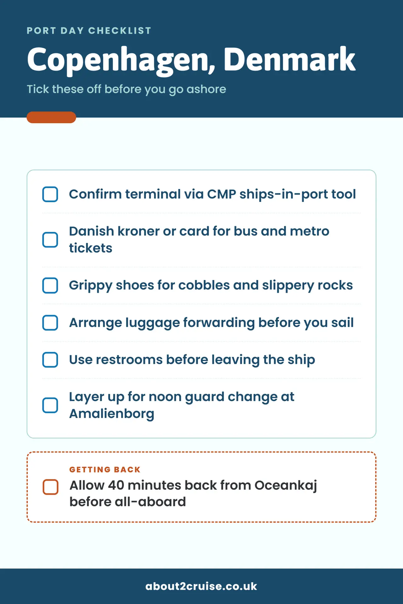 Copenhagen cruise port day checklist: what to bring and check before going ashore