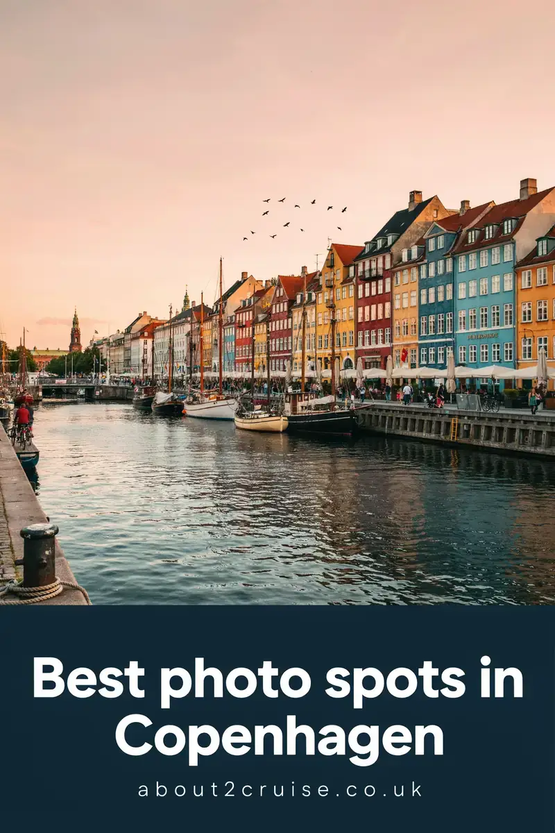 Copenhagen cruise port: sunset view of the city's harbour and colourful townhouses, a popular photo spot