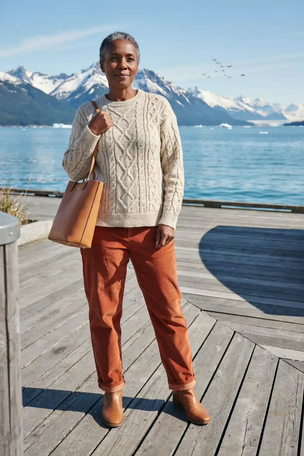 Black woman in rust corduroy trousers and a cream chunky knit jumper on an Alaska excursion