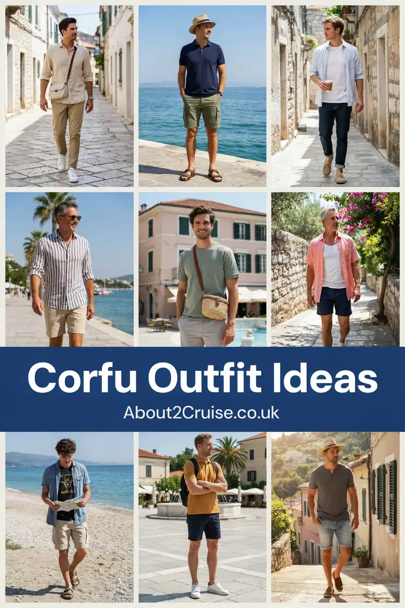 Grid of casual men's walking outfits for Corfu, sunny day mood board