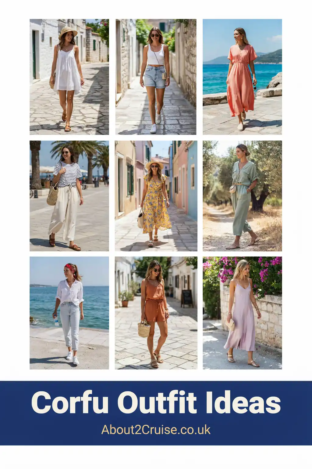 Corfu cruise port: grid of casual tourist walking outfit ideas for women