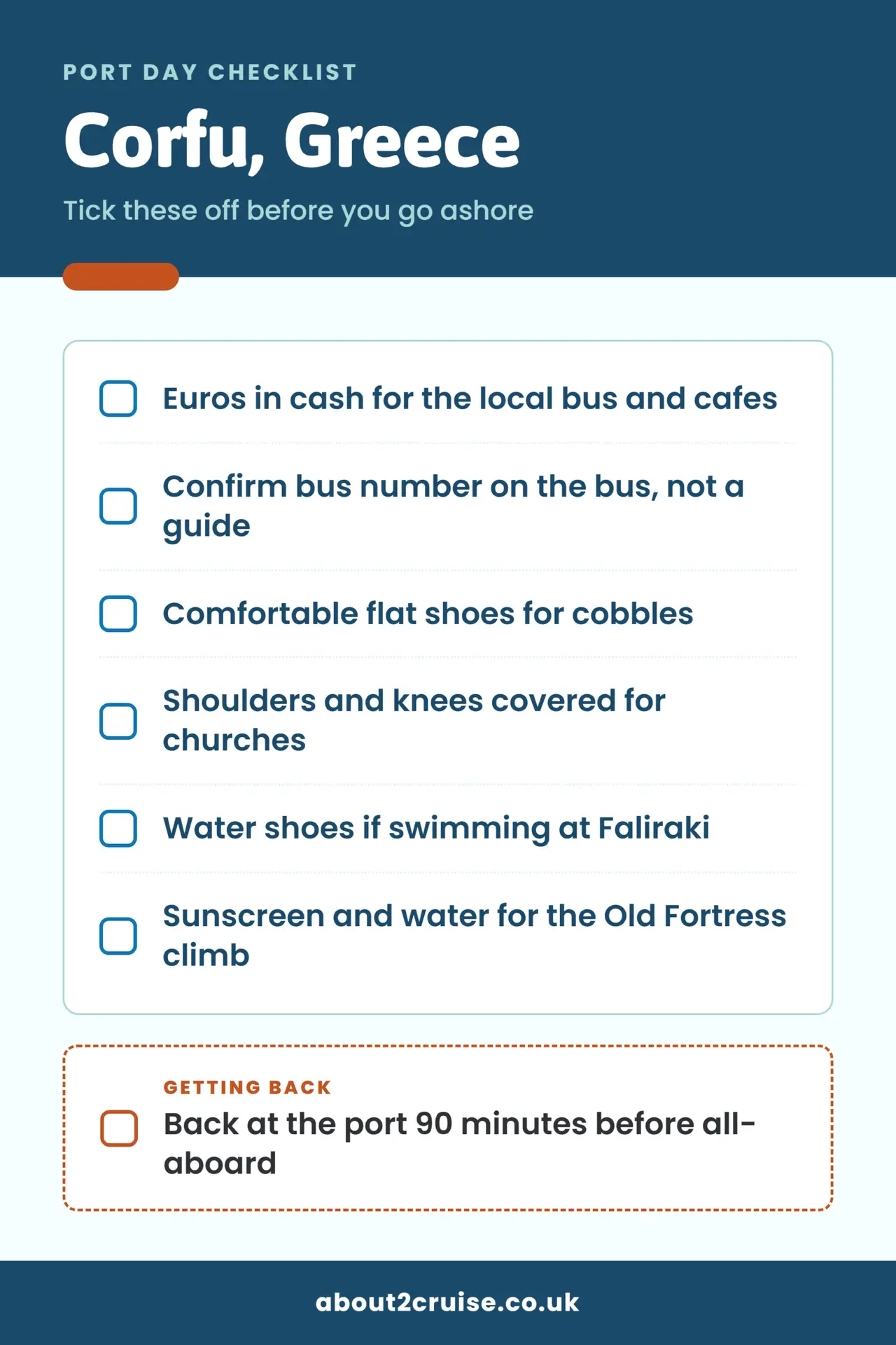 Corfu cruise port day checklist: what to bring and check before going ashore