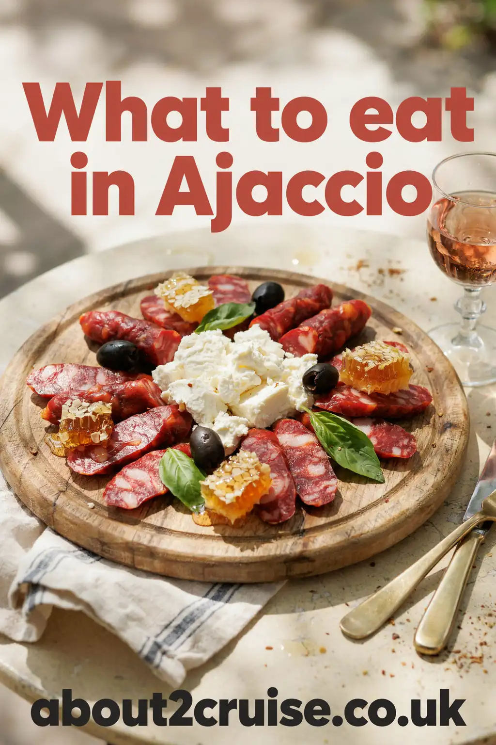 Ajaccio cruise port: plate of Corsican charcuterie and brocciu cheese with wine at a sunny cafe table
